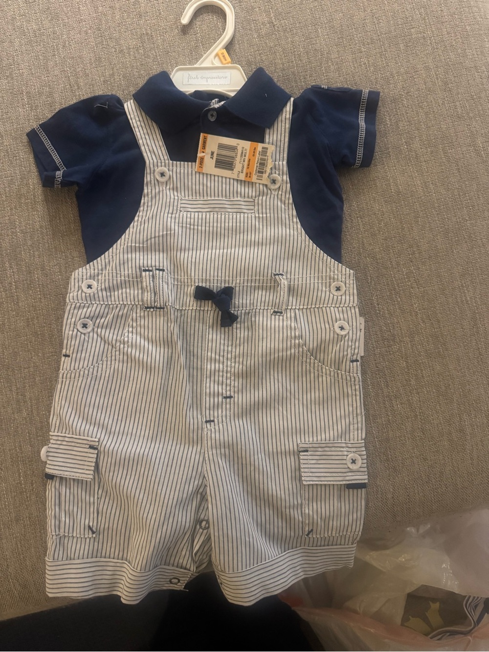 First Impressions Navy Polo with White & Navy Striped Overalls